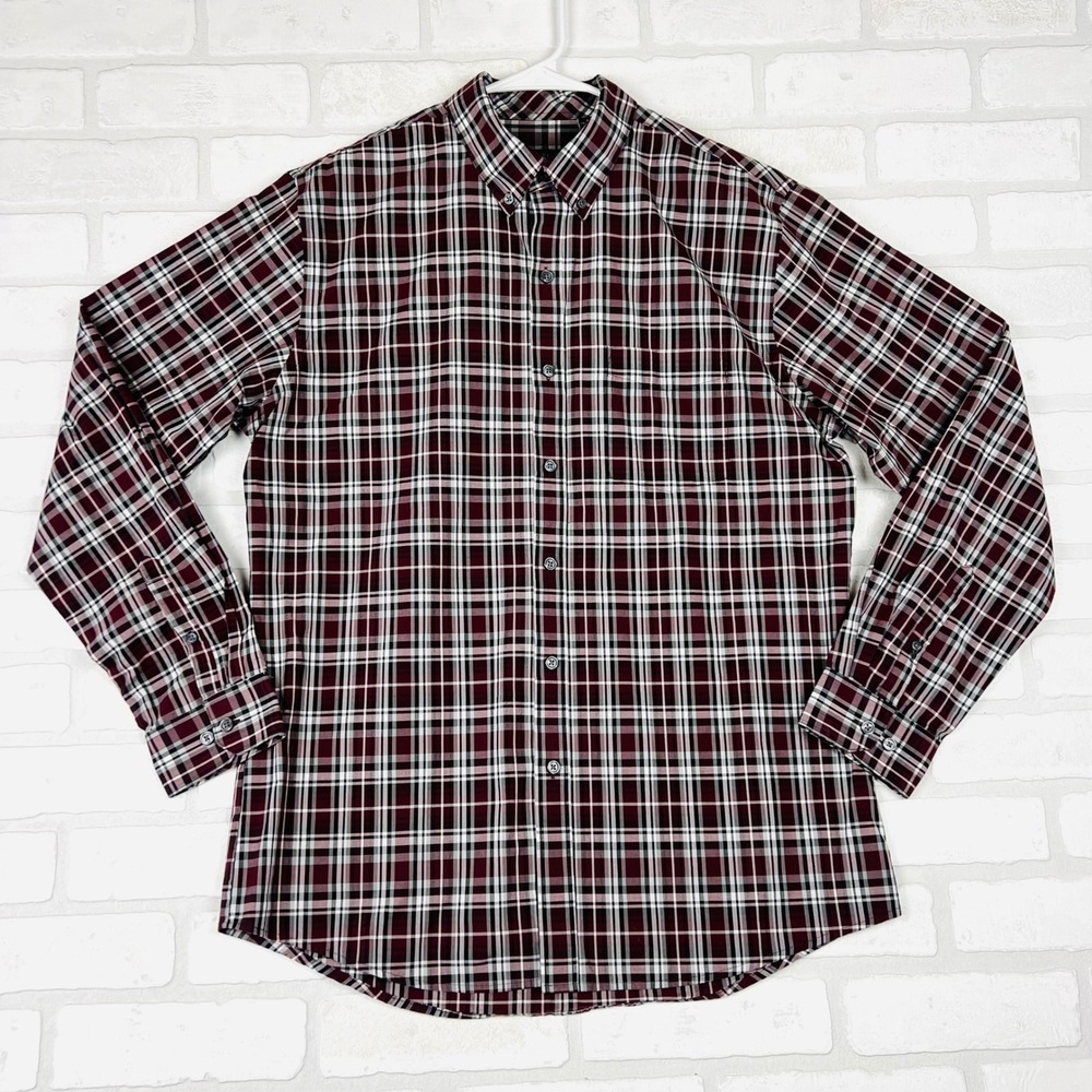 Van Heusen Mens Plaid Button Down Dress Shirt Classic Fit Burgundy Black White M